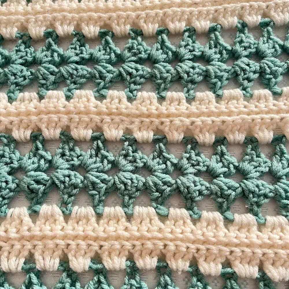 Handmade Crochet Striped Large Blanket Green White Afghan Vintage Cottagecore